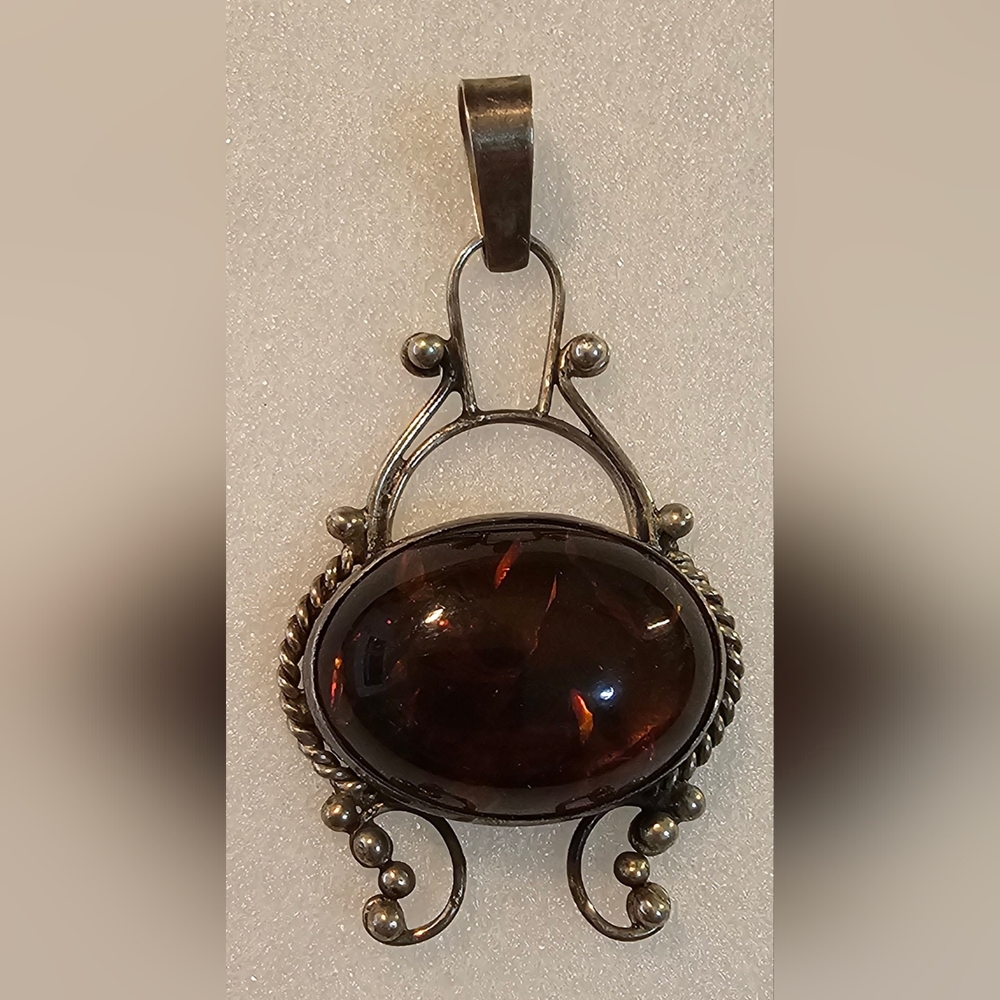 Estate Sterling Silver 925 Natural Amber & Rhodolite Garnet Ladies Pendant 14.8g